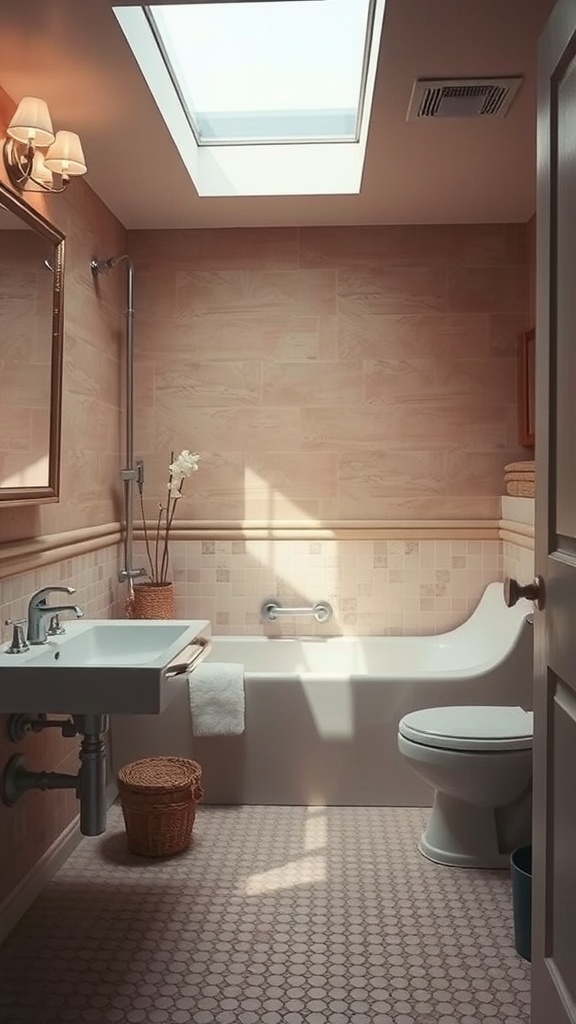 A cozy bathroom featuring penny tile flooring, a skylight, and soft decor.