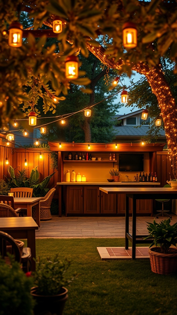 A cozy backyard bar with warm lighting and a welcoming atmosphere