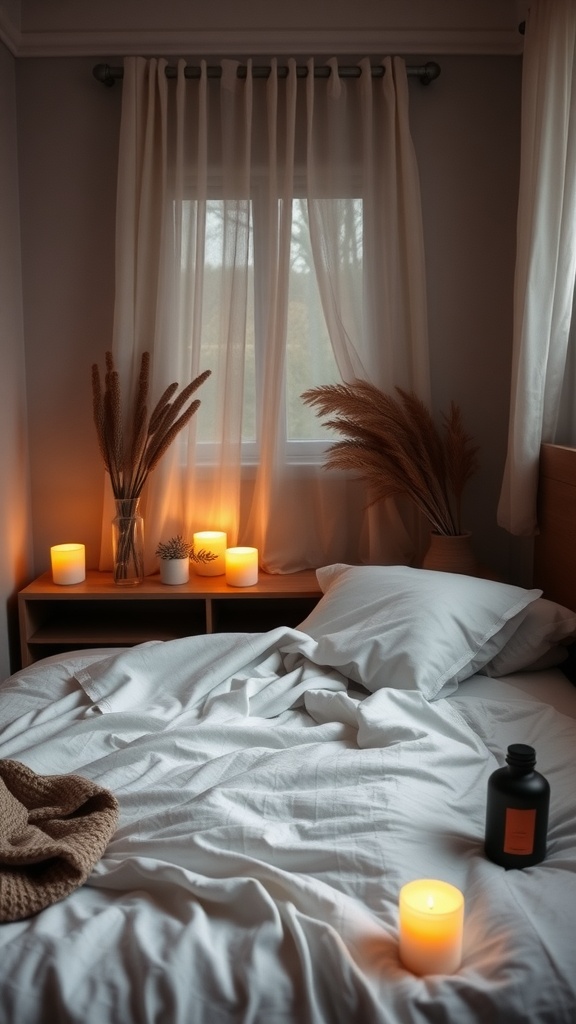 A cozy small bedroom with candles and soft bedding creating a warm atmosphere