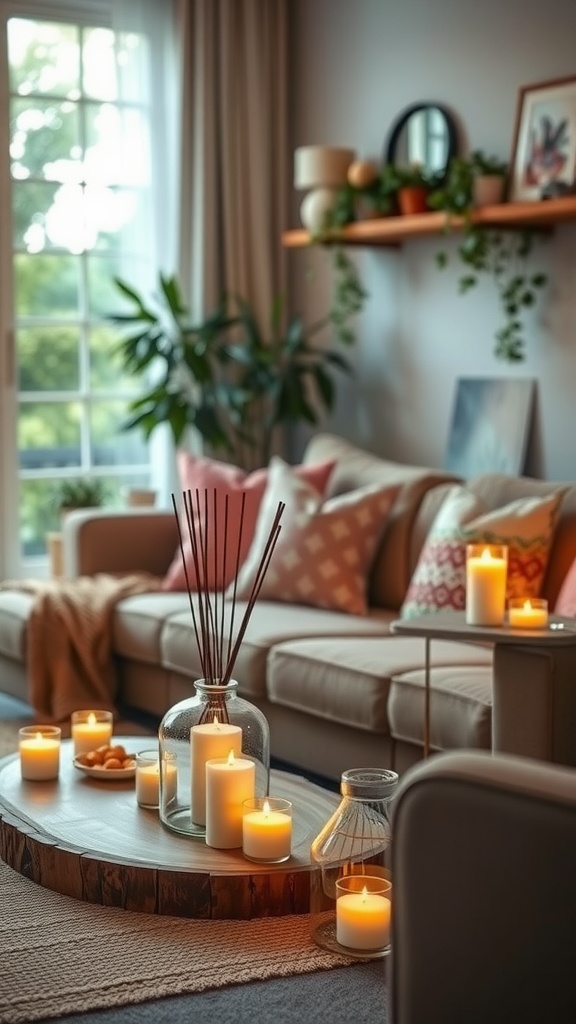 Cozy family room with candles and plants creating a warm atmosphere
