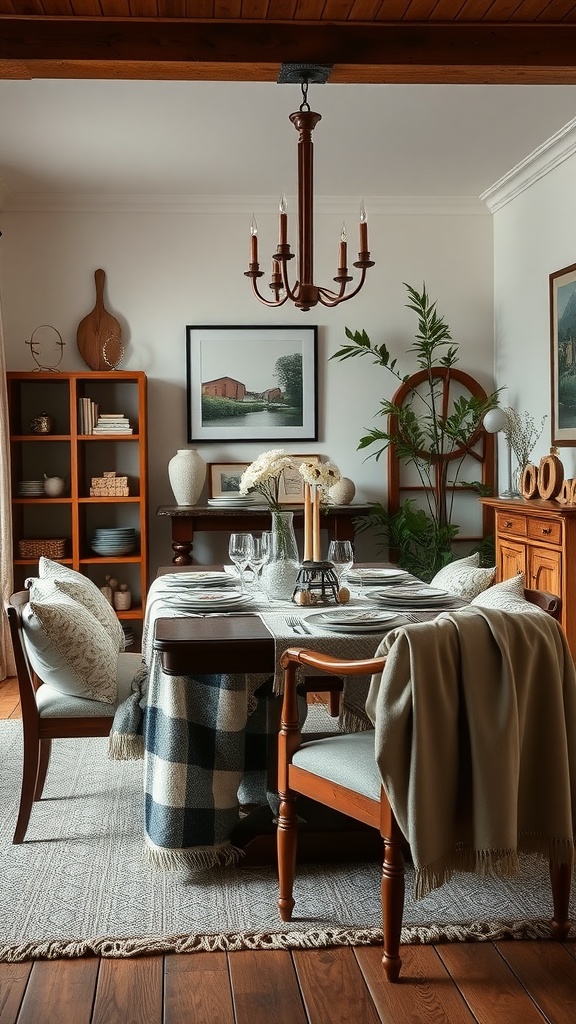 A cozy dining room and living room combo featuring a wooden table with a tablecloth, comfortable chairs with throws, and decorative plants in a warm setting.