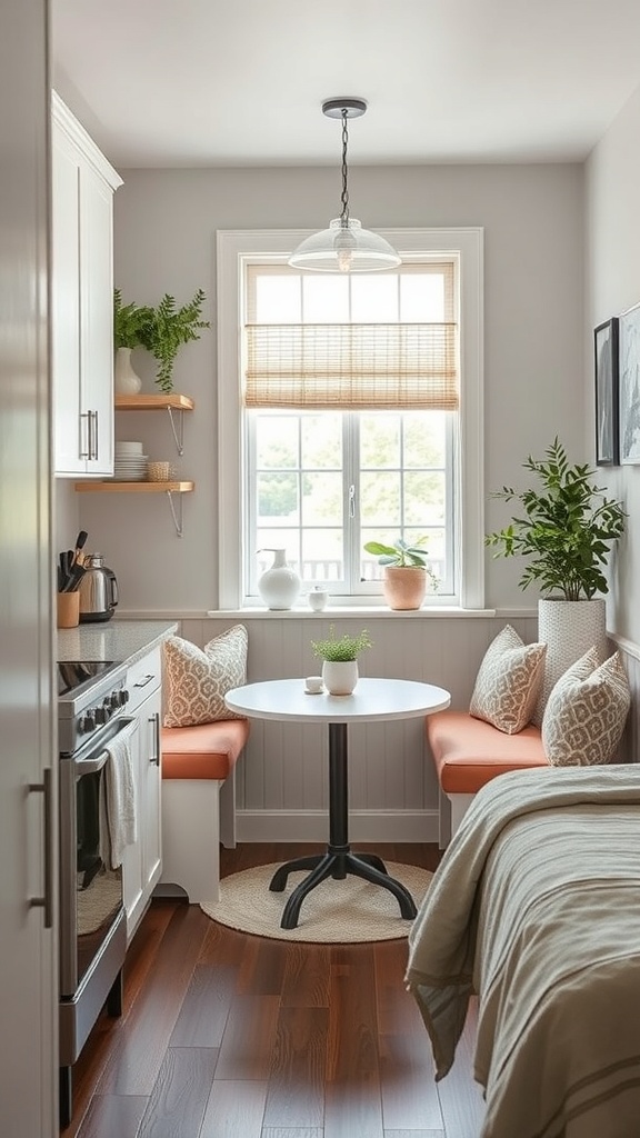 Cozy breakfast nook in a small kitchen with a round table, comfortable seating, and plants.