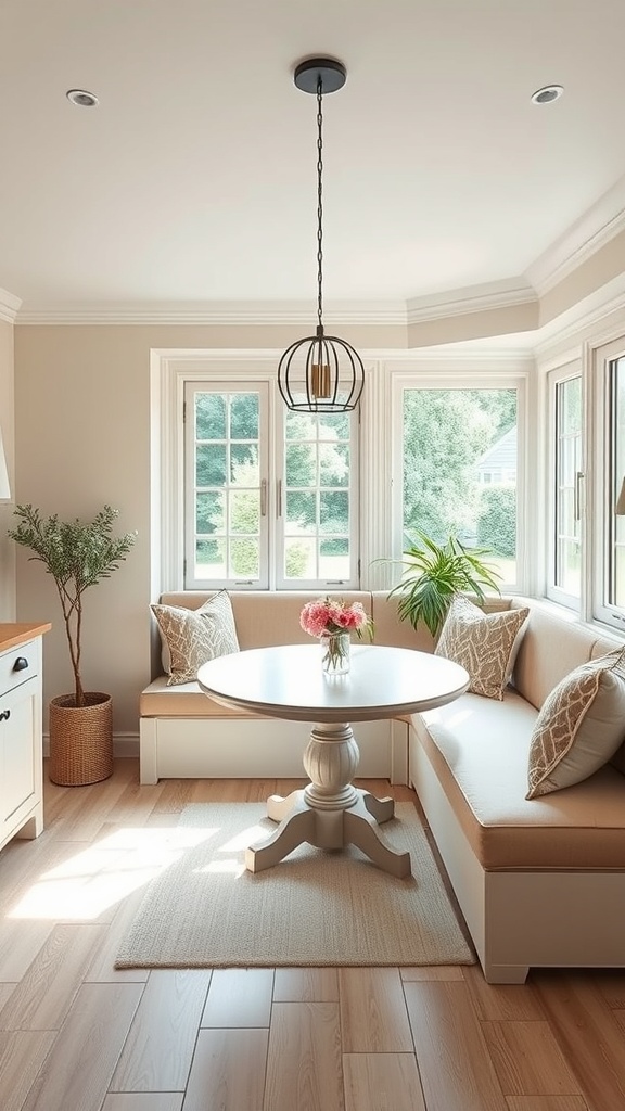 Cozy breakfast nook with a round table, comfortable seating, and large windows