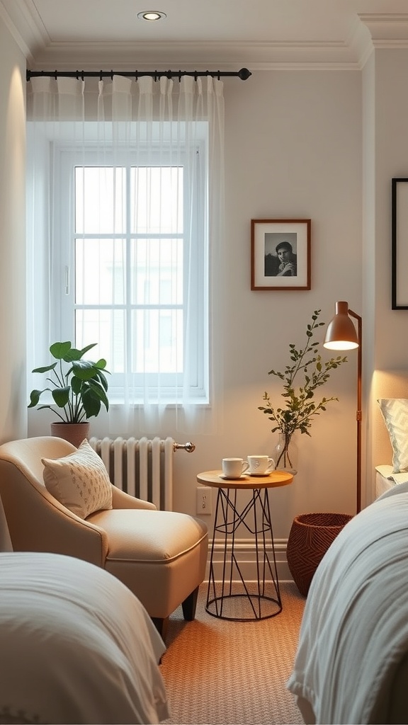 A cozy coffee nook with a chair, small table, two cups of coffee, plants, and soft lighting.