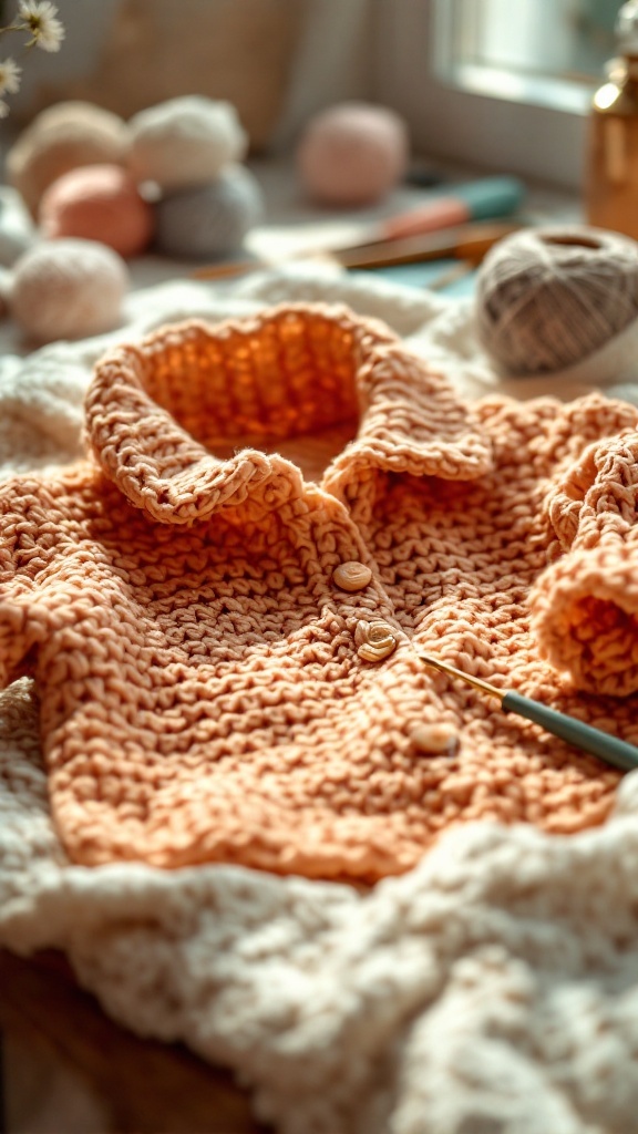 A close-up of a crocheted baby jacket featuring a cozy collar, with buttons and crochet supplies in the background.
