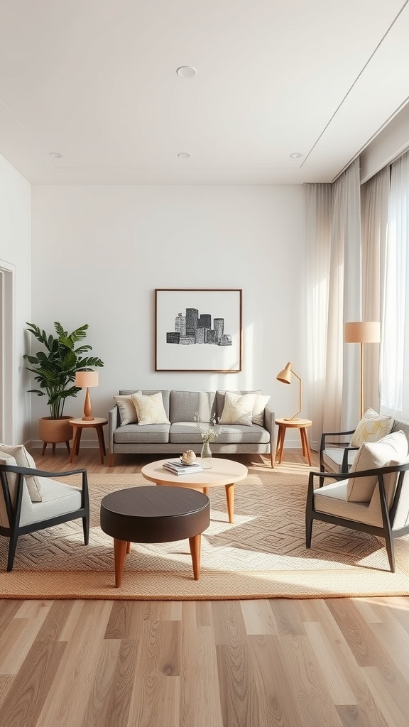 Cozy living room with a sofa, armchairs, and a coffee table arranged for conversation.