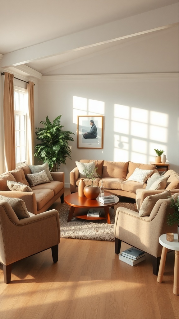 Cozy living room with beige furniture arranged for conversation, featuring a coffee table and plants.