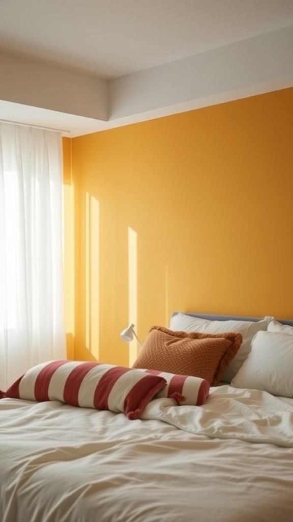 A cozy bedroom with a mustard yellow accent wall, white bedding, and striped pillows.