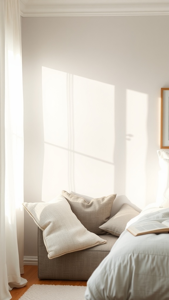 A cozy nook in a neutral bedroom featuring plush pillows and soft lighting.