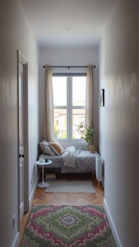 Cozy nook in a narrow bedroom with a bed, side table, plants, and a window
