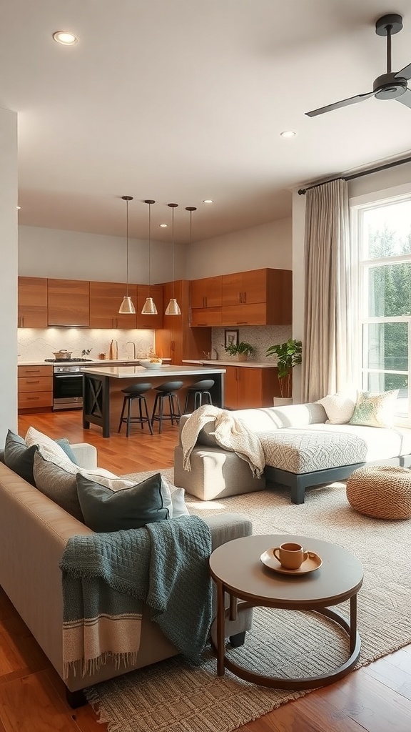 Cozy nook in an open space living room and kitchen with a sofa, coffee table, and natural light.