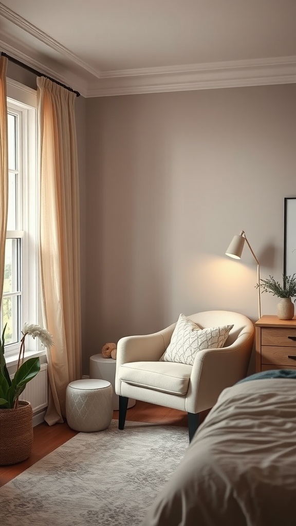 Cozy bedroom office nook with a comfortable chair, side table, and plant.