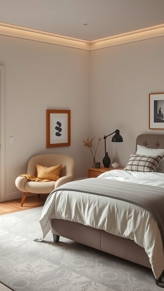 A cozy nook in a small bedroom featuring a rounded chair, a side table, and decorative elements.