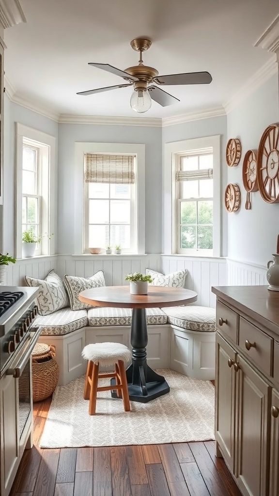 Cozy farmhouse kitchen nook with banquette seating and a round table.