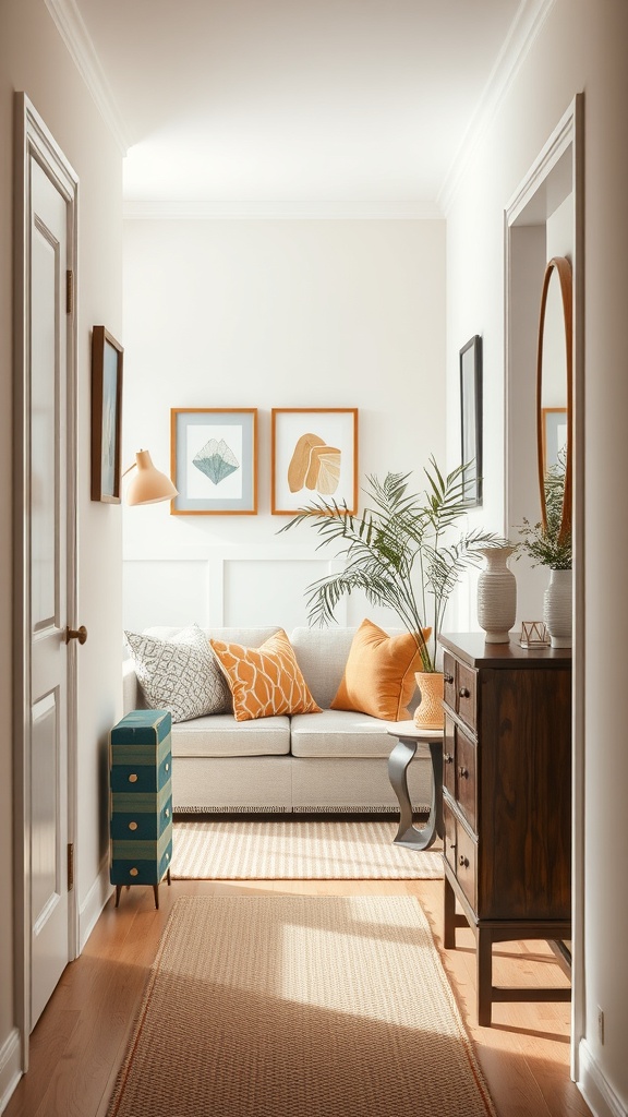 A cozy nook in a narrow entryway with a gray sofa and colorful pillows.