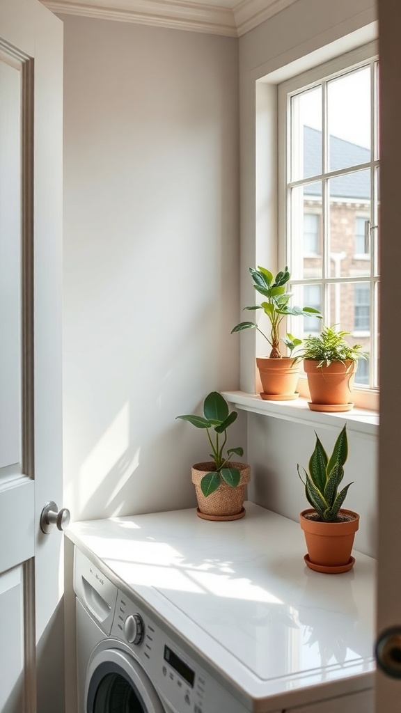 A cozy laundry room corner with potted plants on a shelf and a washing machine.