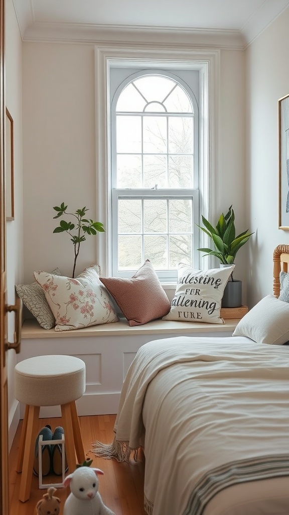 Cozy bedroom nook with window seating, pillows, and plants