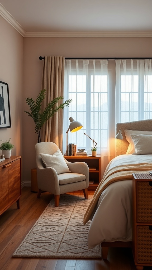 Cozy reading corner in a bedroom with a plush armchair, lamp, and books.