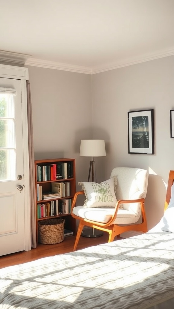 A cozy reading nook in a small guest bedroom with a chair, lamp, bookshelf, and natural light.