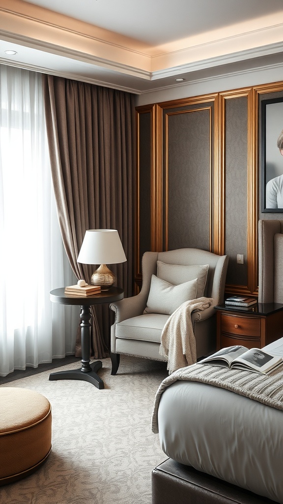 A cozy reading nook in a luxe bedroom featuring a plush armchair, side table with books, soft drapes, and a warm atmosphere.