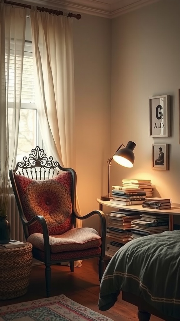 A cozy reading nook with a comfortable chair, a lamp, and stacked books on a side table.