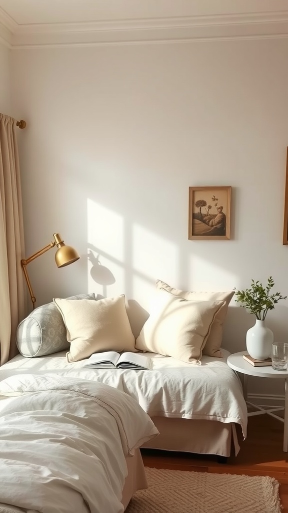 A cozy reading nook with a daybed, pillows, and a lamp in a white and beige bedroom