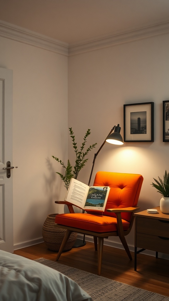 A cozy reading nook featuring a burnt orange chair, a floor lamp, and plants.