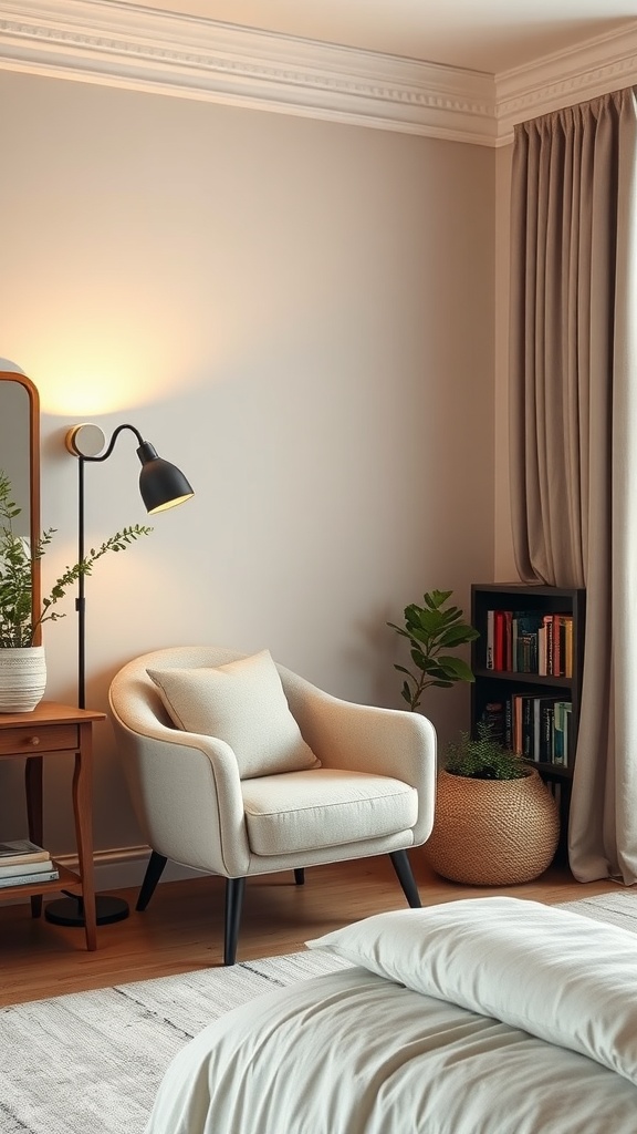 Cozy reading nook with a chair, lamp, and bookshelf in a bedroom