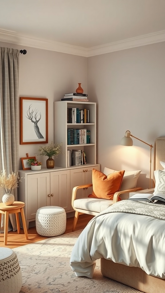 A cozy reading nook in a Scandinavian boho bedroom with a comfortable chair, bookshelves, and warm lighting.