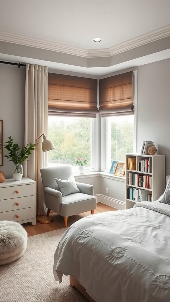 Cozy reading nook in a primary bedroom with a chair, bookshelf, and natural light.