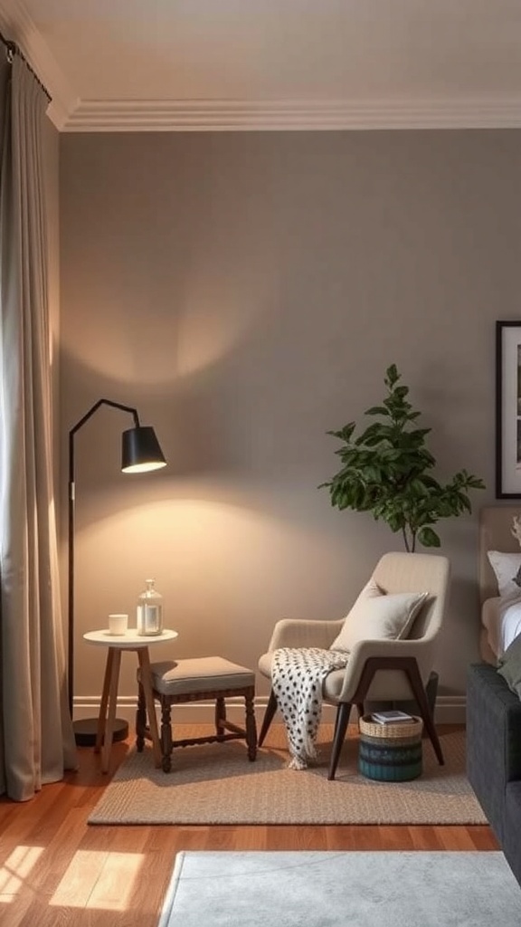 Cozy reading nook with a comfortable chair, side table, lamp, and plant.