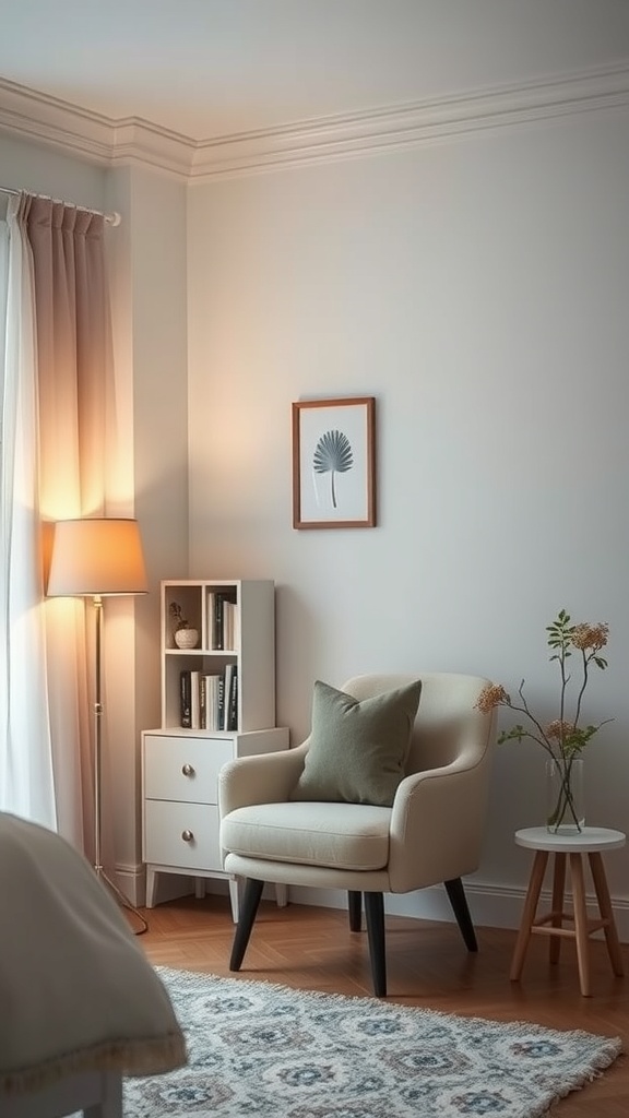 Cozy reading nook with a chair, lamp, and small side table in a bedroom