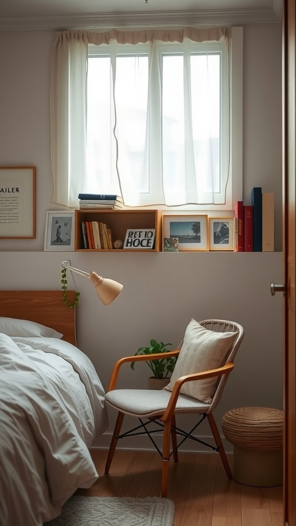 Cozy bedroom reading nook with a comfortable chair, bookshelf, and natural light