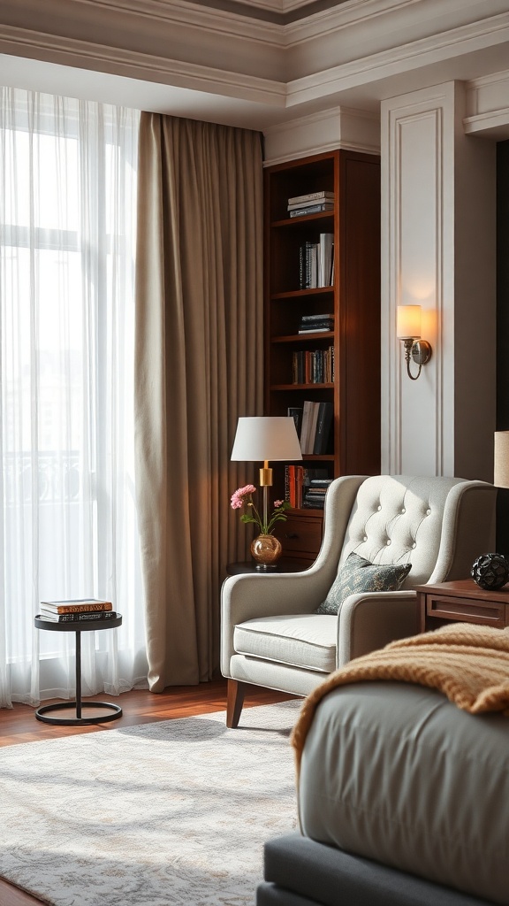 Cozy reading nook in a luxe bedroom with an armchair, side table, and bookshelves.