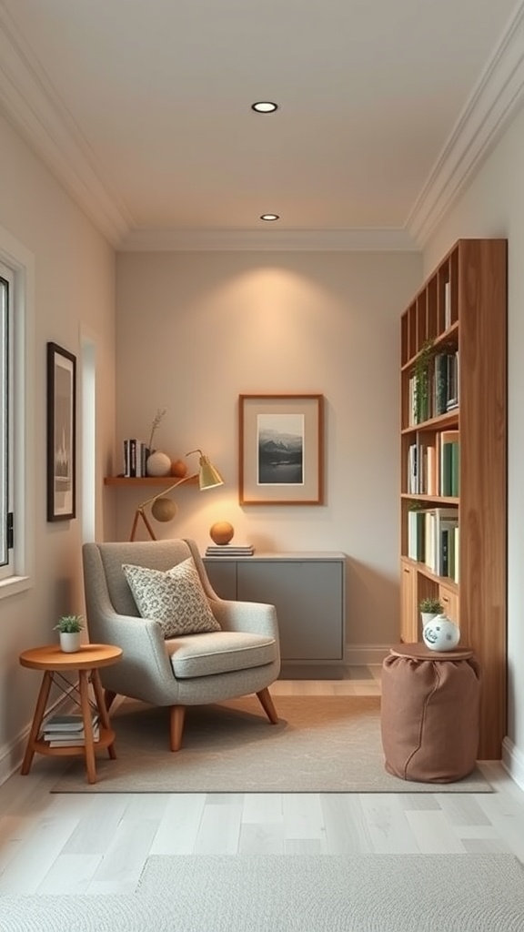 Cozy reading nook with an armchair, side table, and bookshelf in a narrow room.