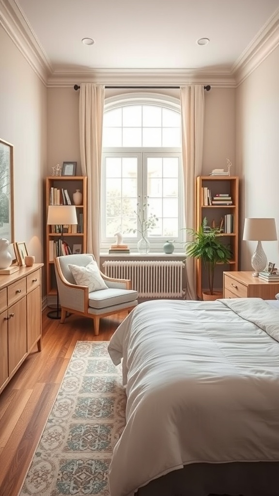 Cozy reading nook in a long bedroom with a comfortable chair, bookshelf, and natural light from a large window.