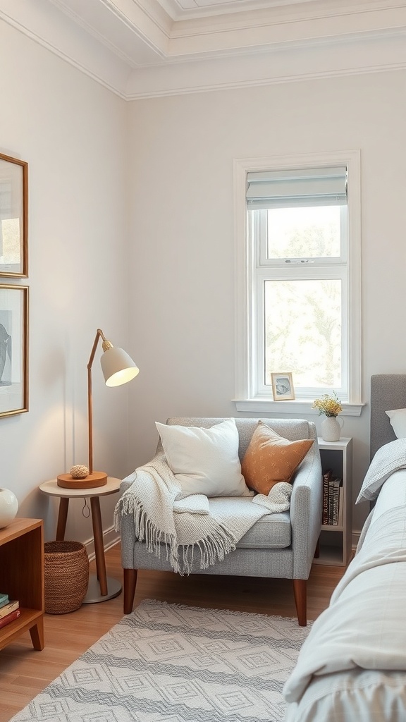 Cozy reading nook in a small bedroom with a chair, throw blanket, and floor lamp.