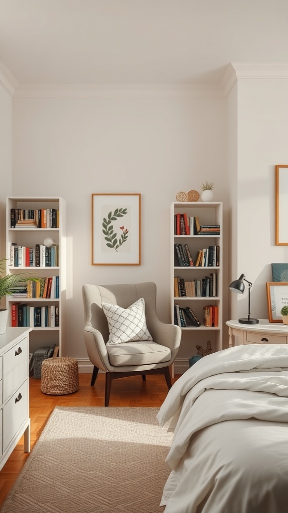 Cozy reading nook in a small bedroom with an armchair, bookshelves, and a side table