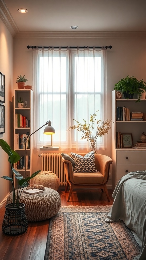 A cozy reading nook in a bedroom with a comfortable chair, bookshelves, and plants.