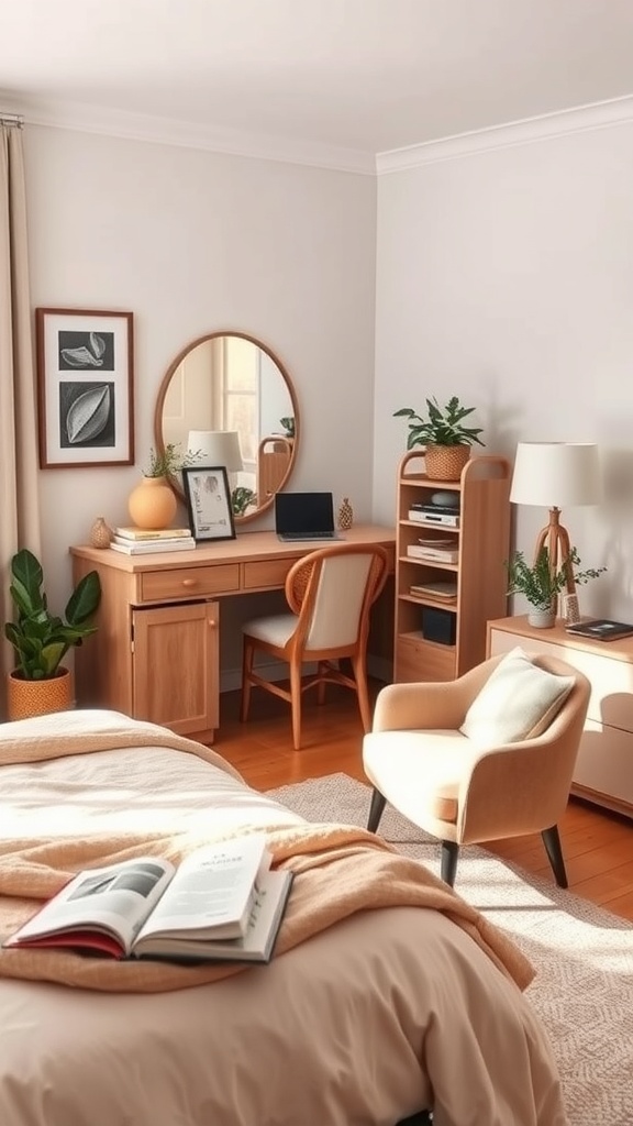 Cozy reading nook with a desk, chair, and plants in a bedroom setting.