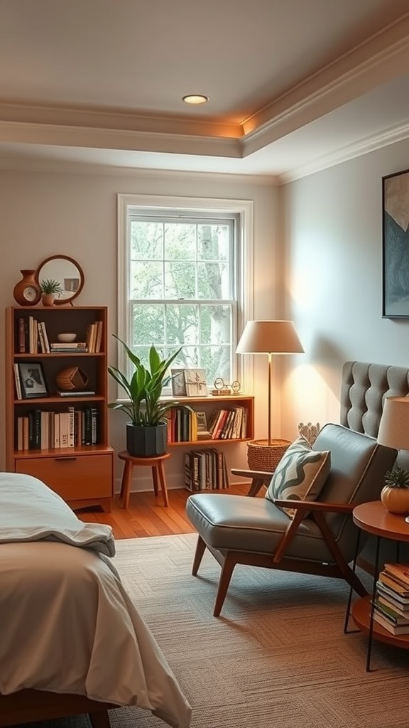 A cozy reading nook in a mid-century modern bedroom featuring a comfortable chair, a lamp, and a bookshelf.