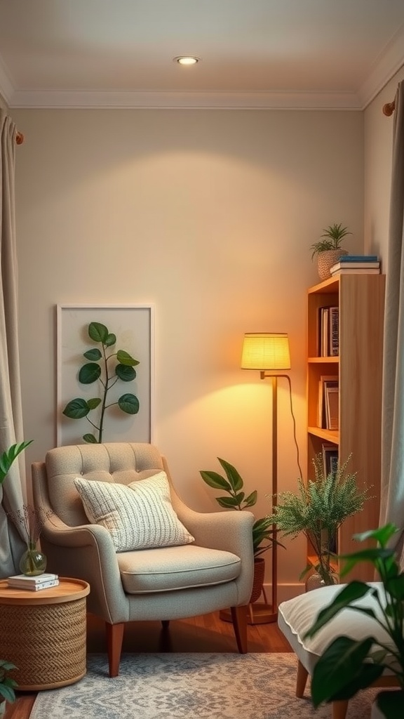 Cozy reading nook in a small family room featuring a comfortable armchair, side table, floor lamp, and plants.