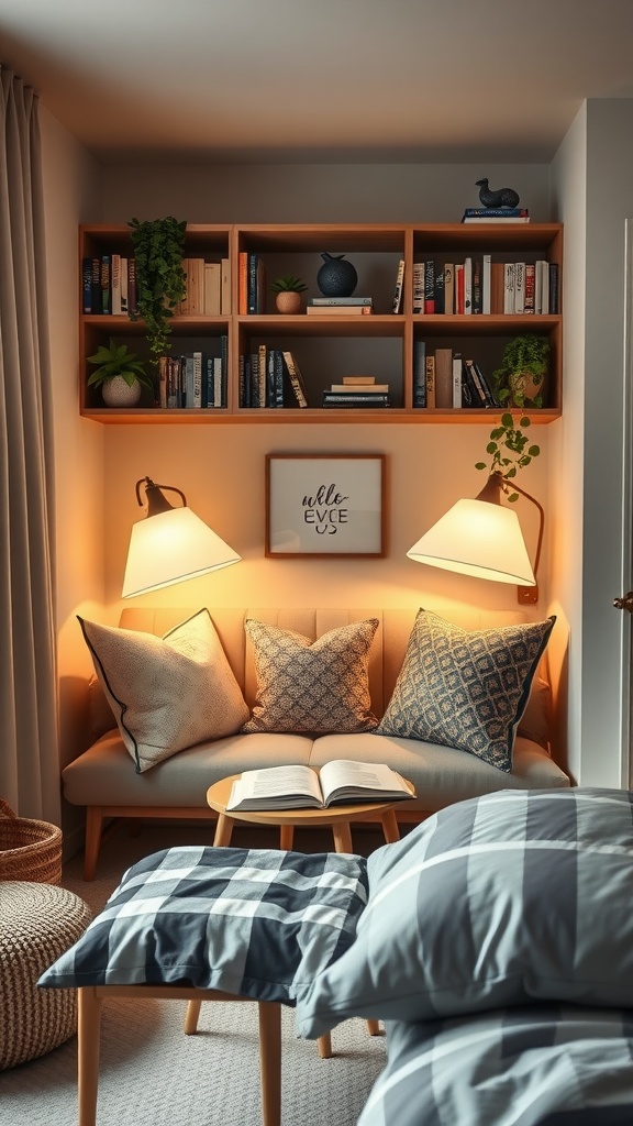 Cozy reading nook with a sofa, pillows, a small table, and books on shelves.
