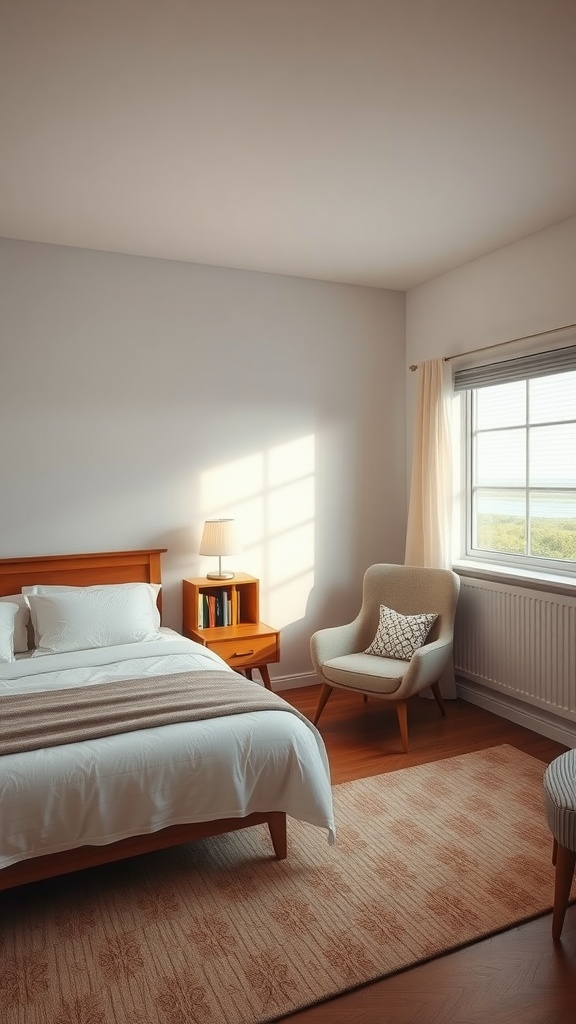 A small bedroom featuring a king bed, cozy chair, and natural light coming through the window.