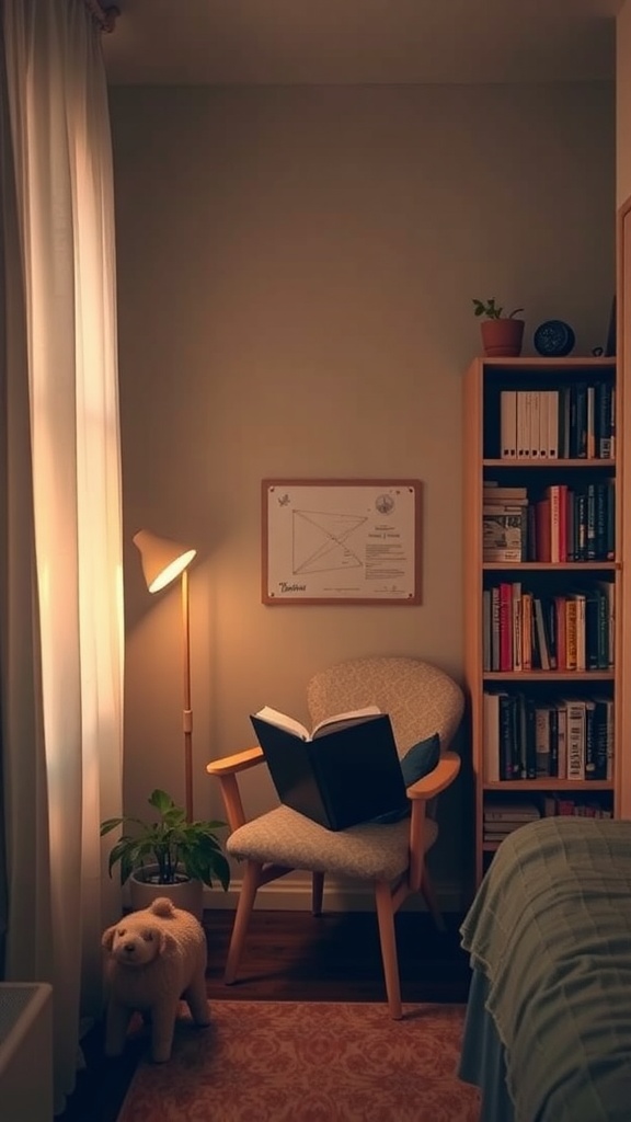 Cozy reading nook in a small bedroom with a chair, lamp, and bookshelf.