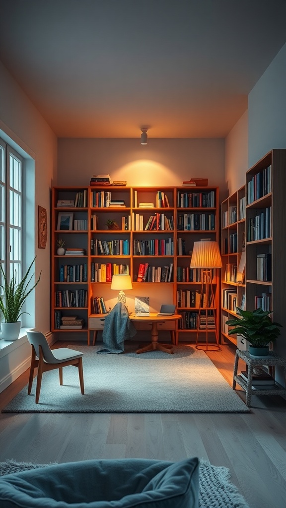A cozy reading nook in a long rectangle living room layout with bookshelves, a chair, and soft lighting.