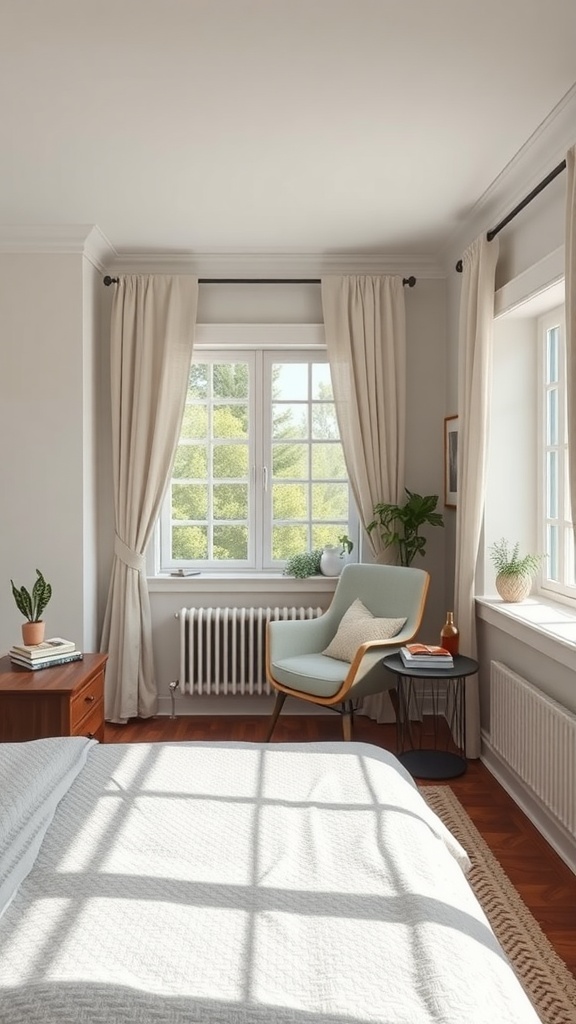 A cozy reading nook by a window with a comfortable chair, table, and plants.