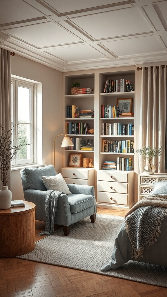 A cozy reading nook in a greige bedroom featuring a comfortable armchair, bookshelves, and natural light.