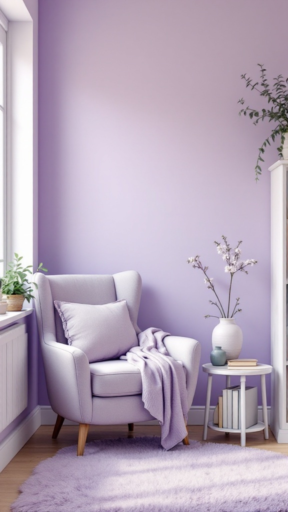 Cozy lavender reading nook with a comfortable chair, blanket, and plants.