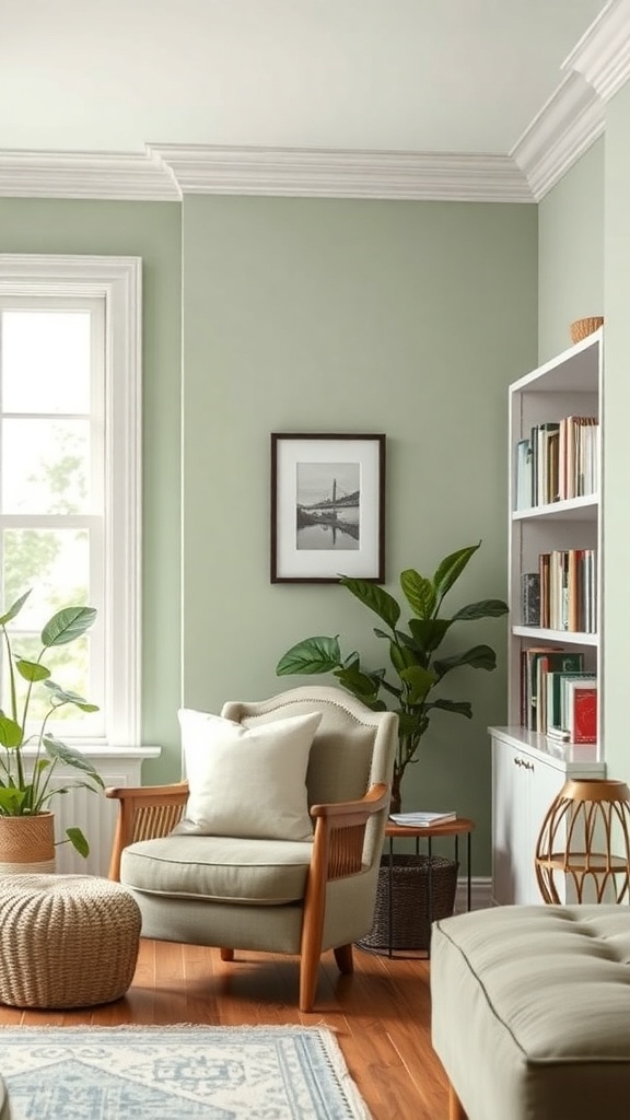 Cozy reading nook in a sage green living room with an armchair, plants, and a bookshelf.